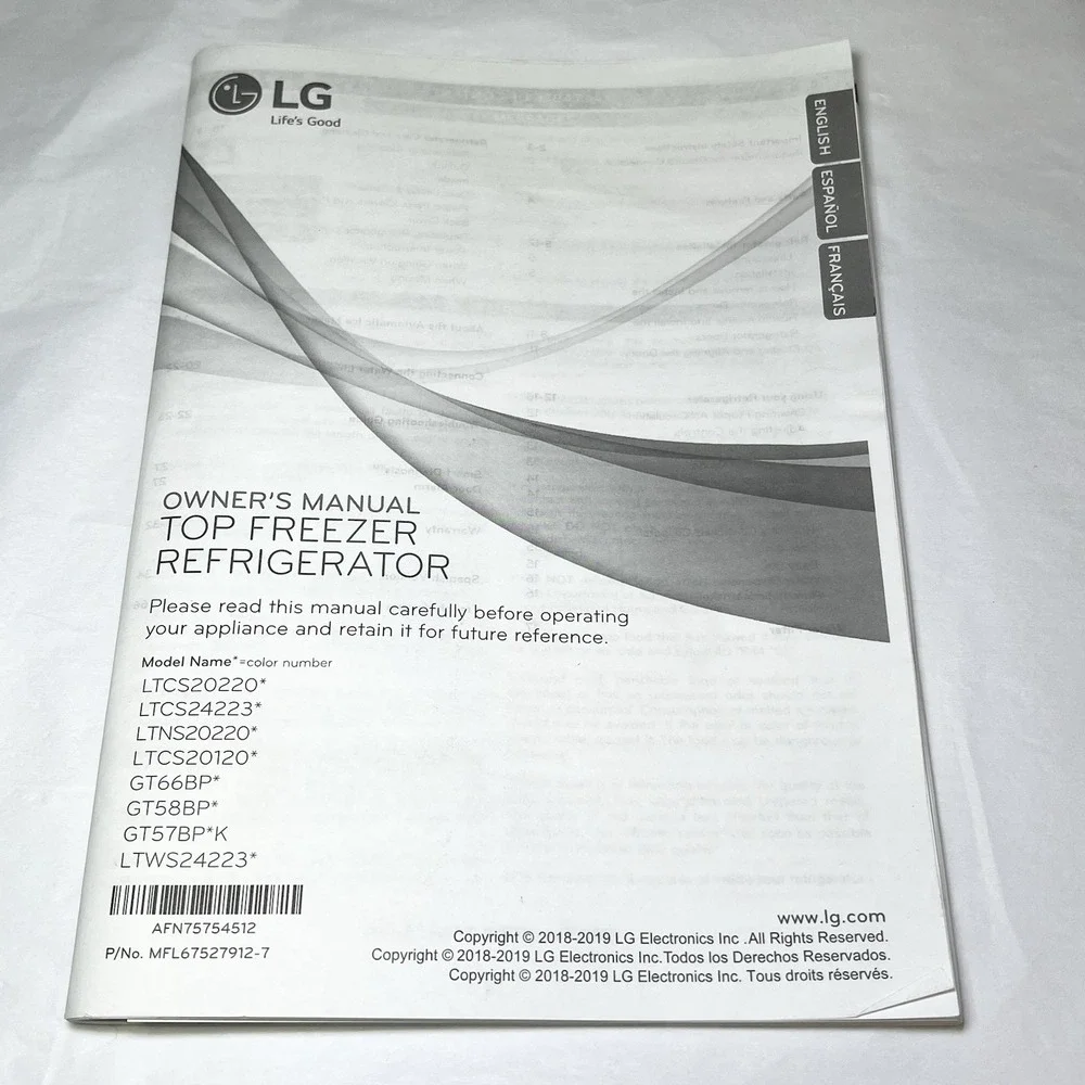 Used Owner's Manual for LG Top‎ Freezer Refrigerator LTCS20220 GT66BP LTNS LTWS